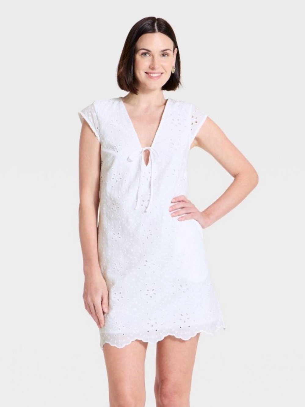 Women’s A New Day White Eyelet Mini Dress Sz S Scalloped Hem Front Tie